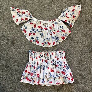 MonnaLisa white with cherry blossoms layered skirt and crop top set